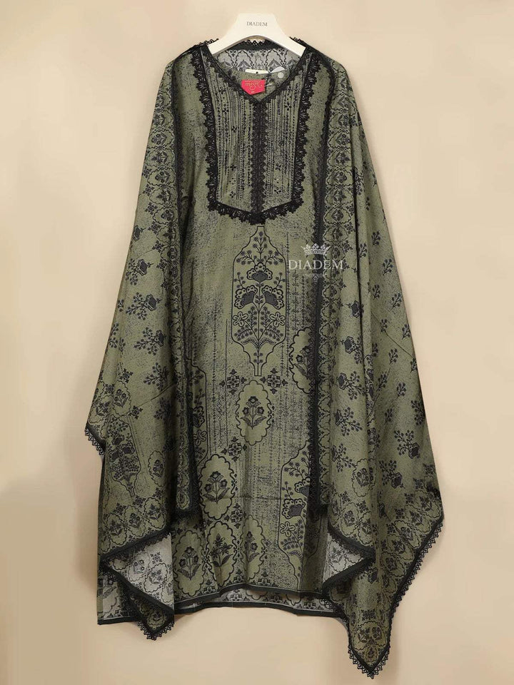 Olive Green Cotton Straight Cut Salwar Suit for Adorned with Sequins and Flower Prints, Paired with Dupatta - Diadem