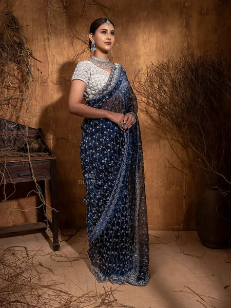 Blue Organza Saree with Sequins and Beads Flower Design on the Body with Beads Designed Border - Diadem