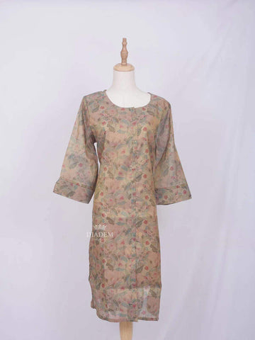 Light Peach Cotton Kurti Top Adorned with Flower Design prints without Dupatta - Diadem