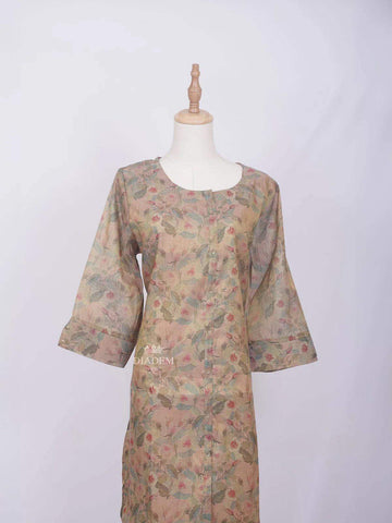 Light Peach Cotton Kurti Top Adorned with Flower Design prints without Dupatta - Diadem