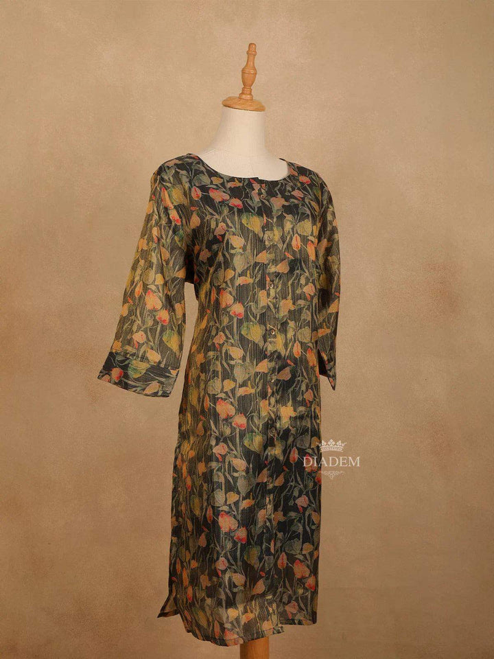 Bottle Green Cotton Kurti Top Adorned with Leaf and Floral Design Prints Without Dupatta - Diadem