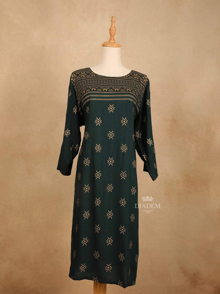 Green Cotton Kurti Top Adorned with Design Prints - Diadem