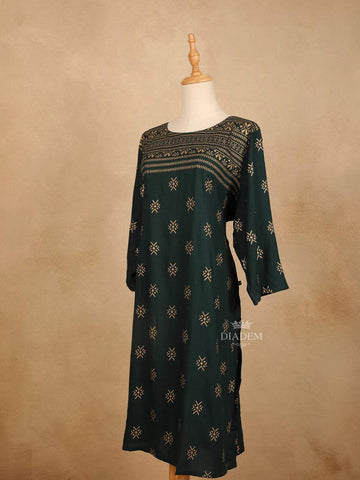 Green Cotton Kurti Top Adorned with Design Prints - Diadem