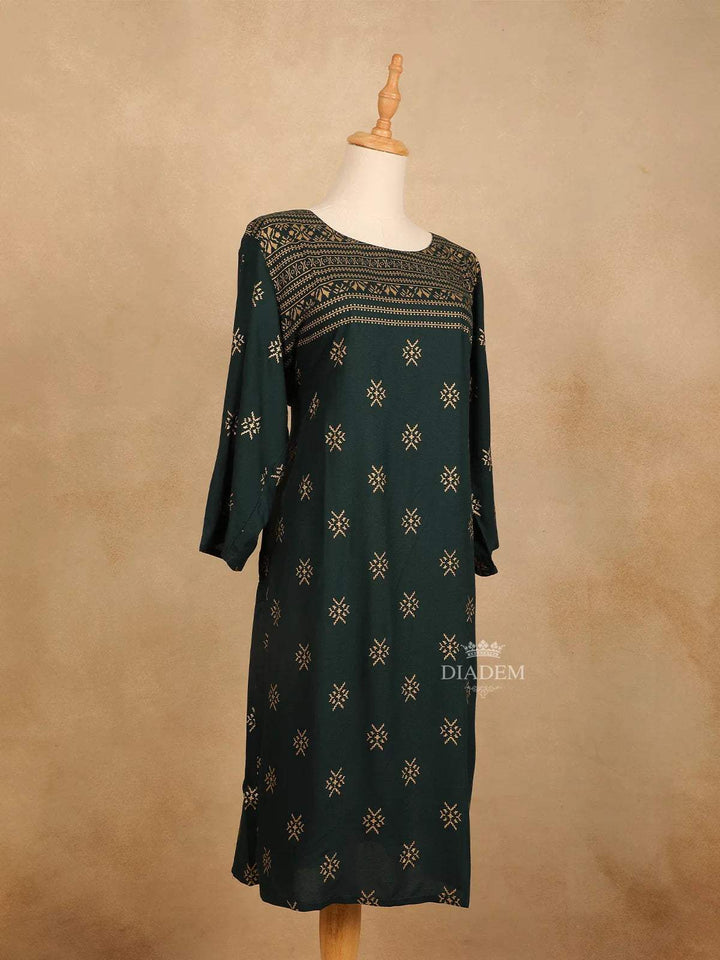 Green Cotton Kurti Top Adorned with Design Prints - Diadem