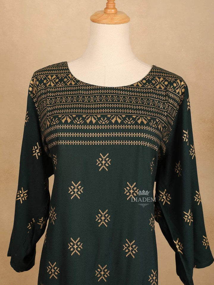 Green Cotton Kurti Top Adorned with Design Prints - Diadem