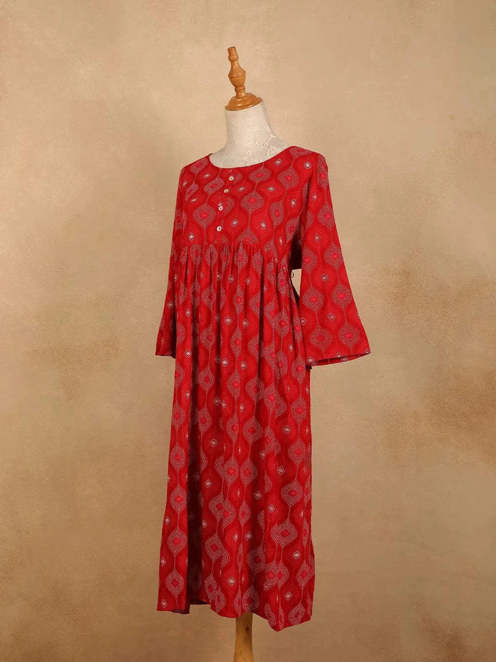Red Cotton Kurti Top Adorned with Floral Design Prints, Without Dupatta - Diadem