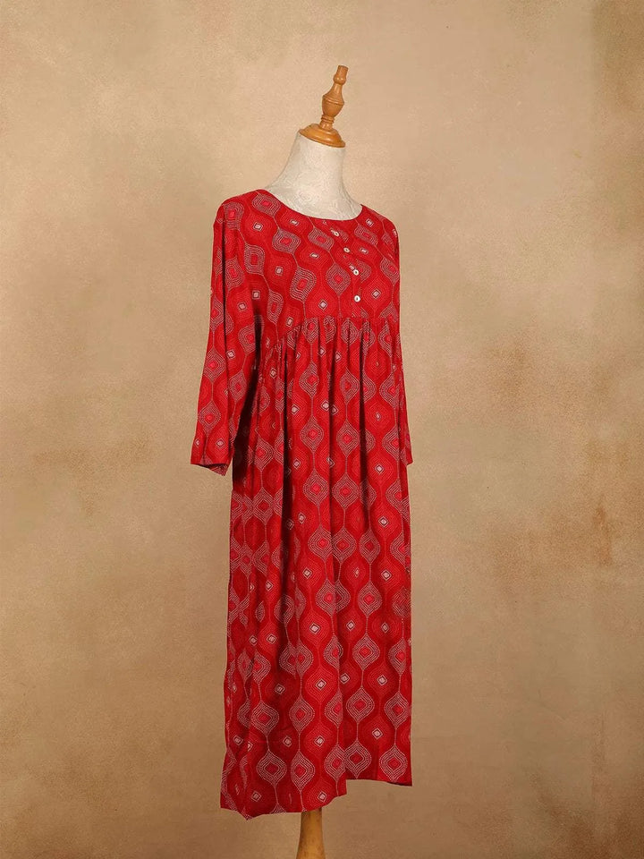 Red Cotton Kurti Top Adorned with Floral Design Prints, Without Dupatta - Diadem