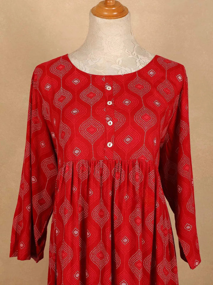 Red Cotton Kurti Top Adorned with Floral Design Prints, Without Dupatta - Diadem