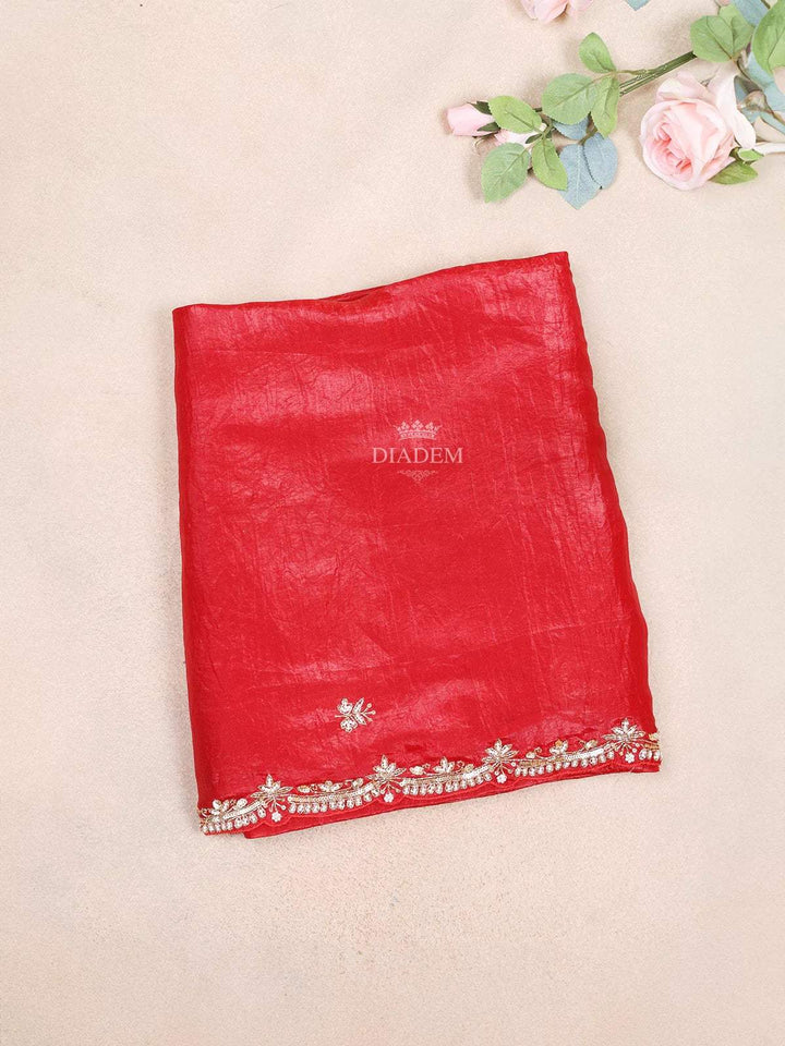 Red Designer Saree with Small Flower Design on the Body and without Border - Diadem
