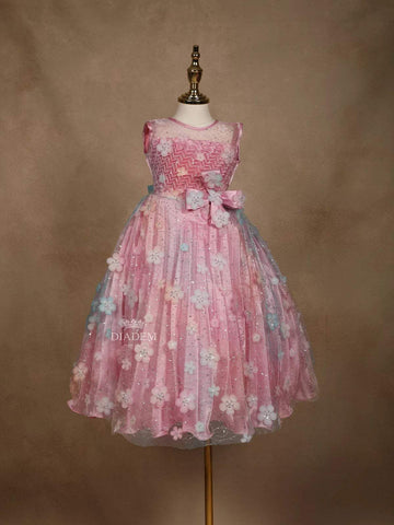 Light Pink Satin and Net Gown Embellished with 3D Flowers and Sequins - Diadem