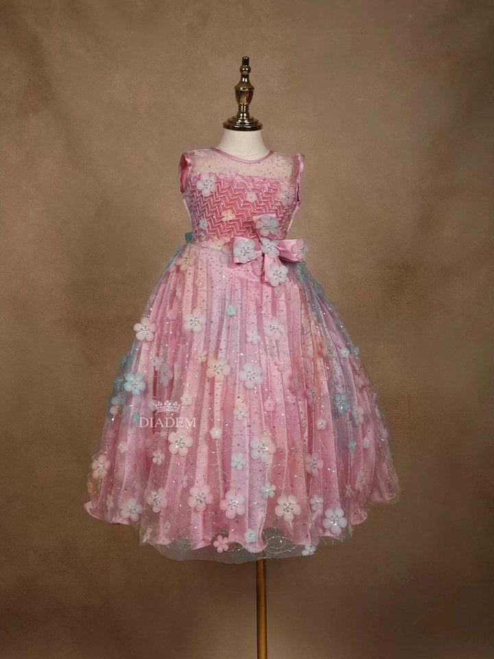 Light Pink Satin and Net Gown Embellished with 3D Flowers and Sequins - Diadem