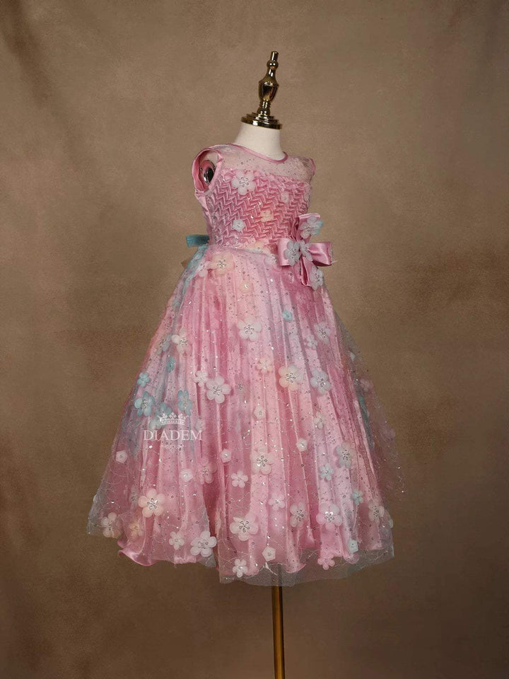 Light Pink Satin and Net Gown Embellished with 3D Flowers and Sequins - Diadem