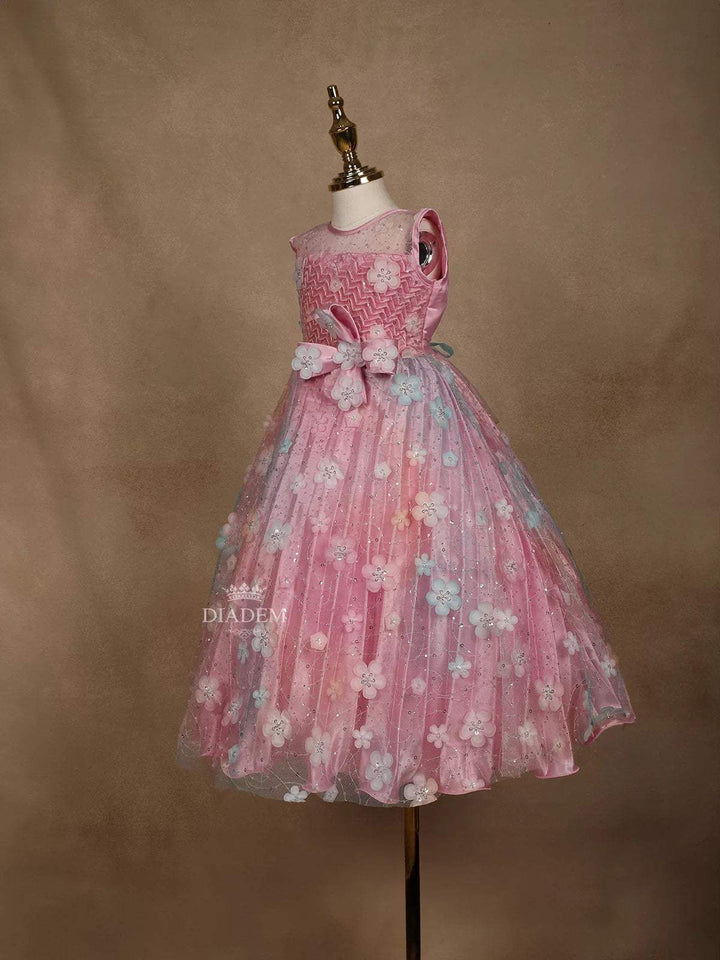 Light Pink Satin and Net Gown Embellished with 3D Flowers and Sequins - Diadem