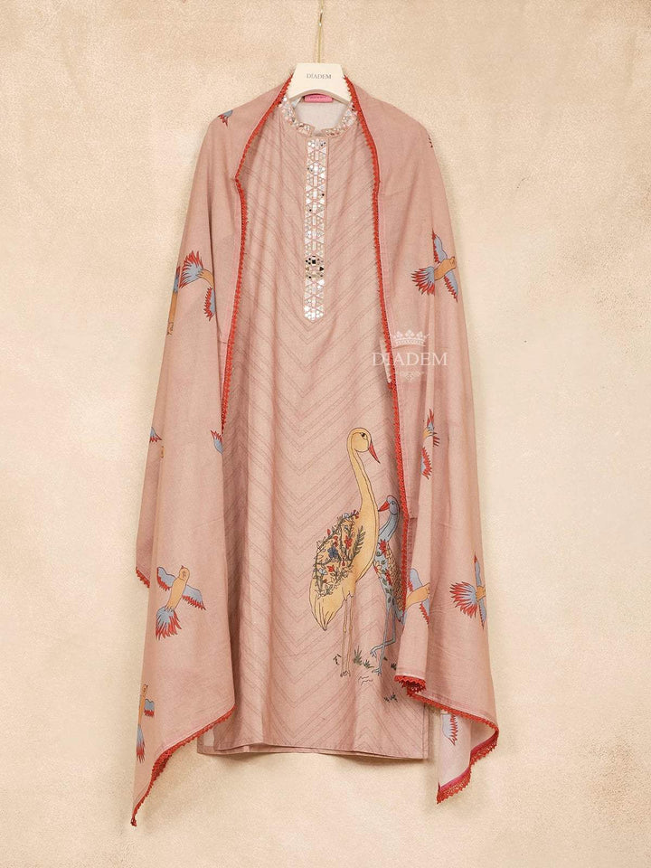 Peach Straight Cut Salwar Suit Adorned with Sequins and Stripes Design Paired with Dupatta - Diadem