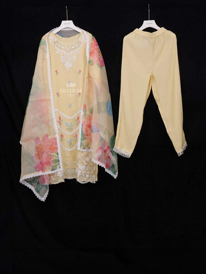 Yellow Straight Cut Salwar Suit Adorned with Sequins and Flower Design with Dupatta - Diadem