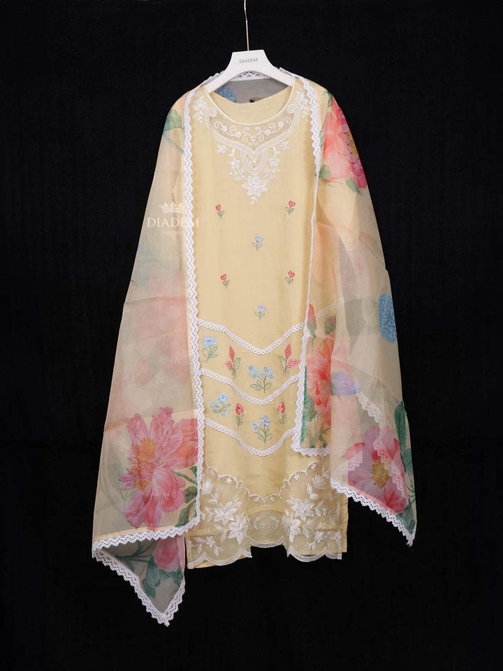 Yellow Straight Cut Salwar Suit Adorned with Sequins and Flower Design with Dupatta - Diadem