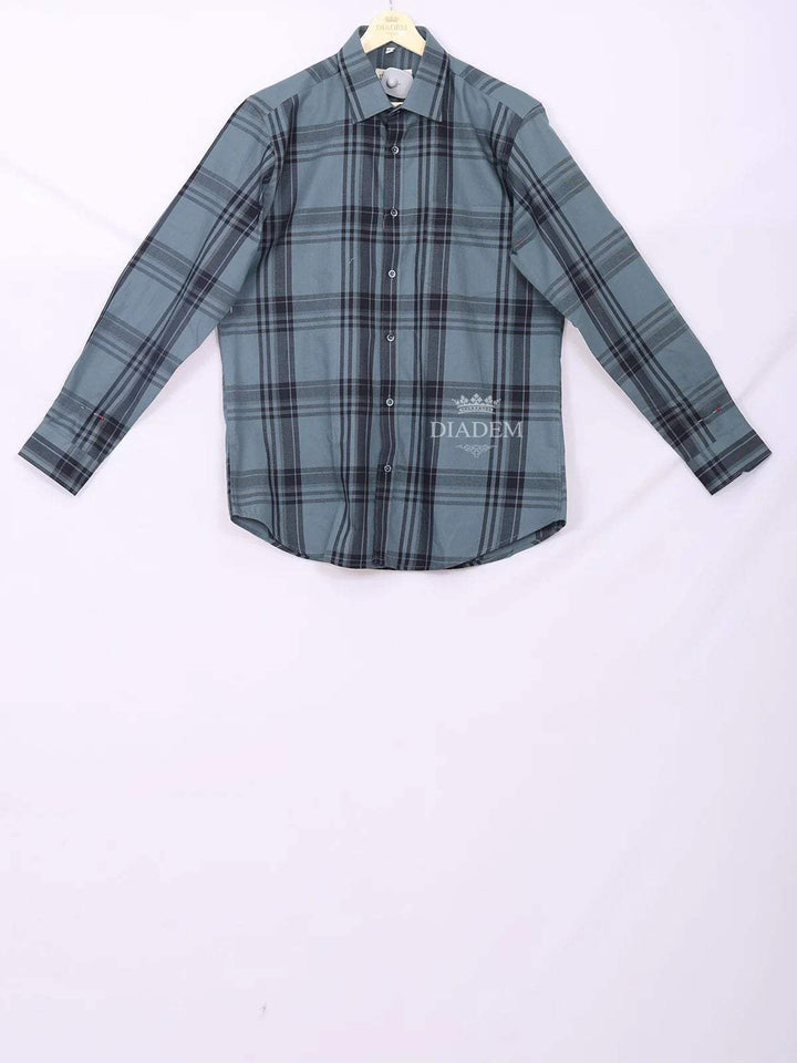 Teal Blue Cotton Casual Shirt with Checked Designs - Diadem