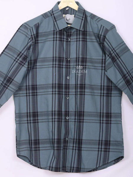 Teal Blue Cotton Casual Shirt with Checked Designs - Diadem