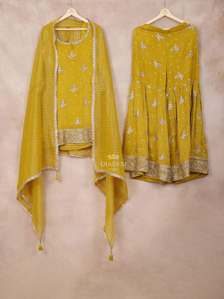 Mustard Yellow Sharara Set Adorned with Sequins and Floral Design with Dupatta - Diadem