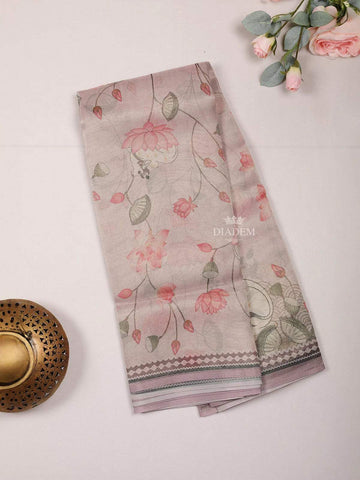 Light Purple Semi Tussar Silk Saree with Floral Design on the Body without Border - Diadem