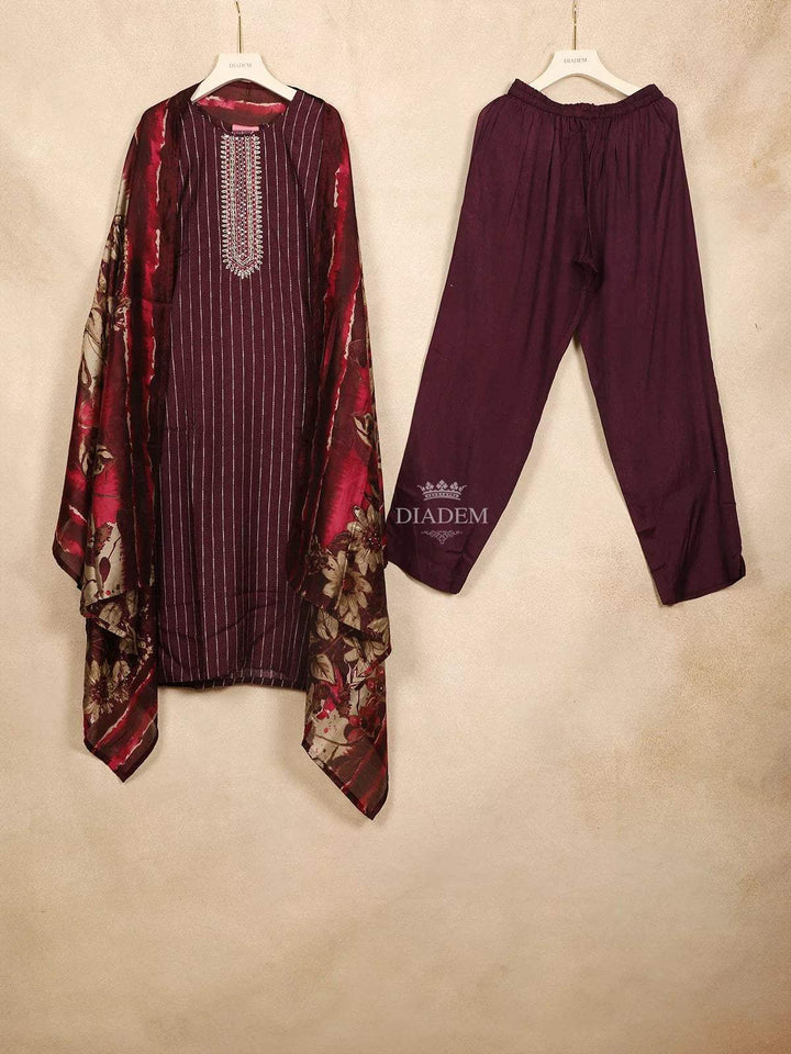 Burgundy Straight Cut Salwar Suit Adorned with Sequins and Stripes Design Paired with Dupatta - Diadem