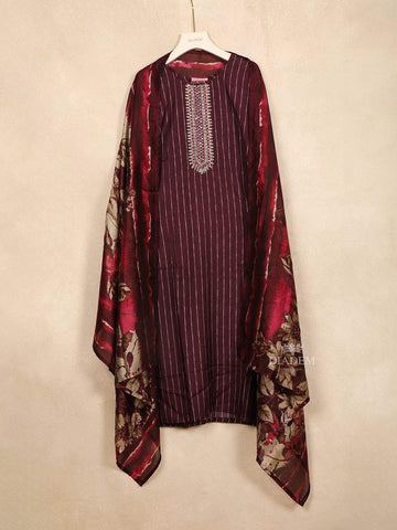 Burgundy Straight Cut Salwar Suit Adorned with Sequins and Stripes Design Paired with Dupatta - Diadem