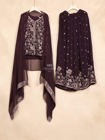 Dark Purple Palazzo Salwar Suit Adorned with Sequins and Floral Design paired with Dupatta - Diadem