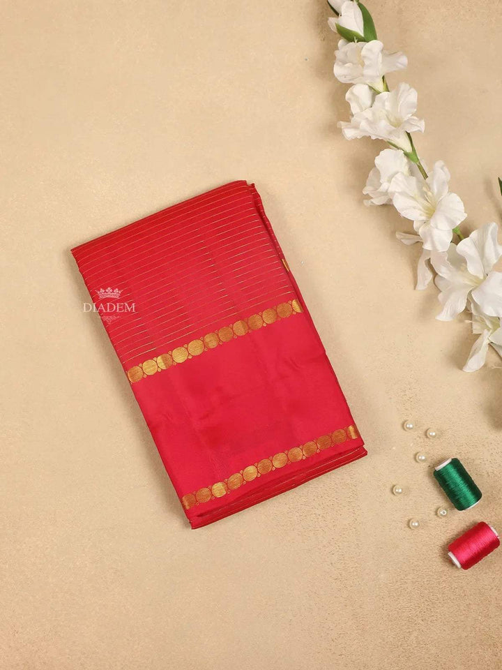 Red Pure Kanchipuram Bridal Silk Saree with Stripes Design on the Body and without Border - Diadem