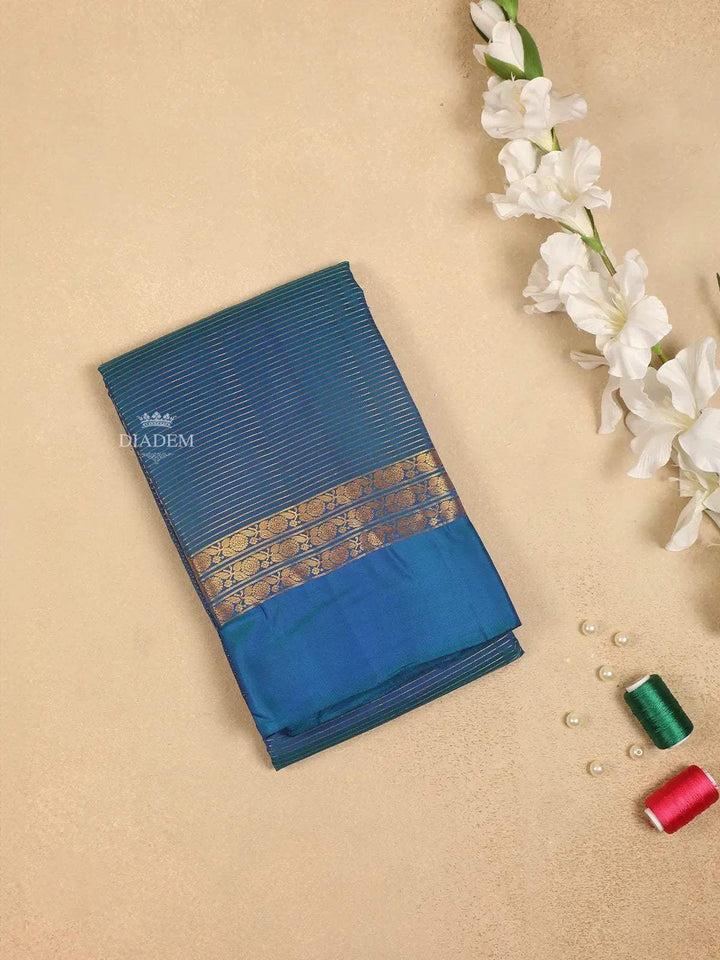 Navy Blue Pure Kanchipuram Bridal Silk Saree with Stripes Design on the Body and without Border - Diadem