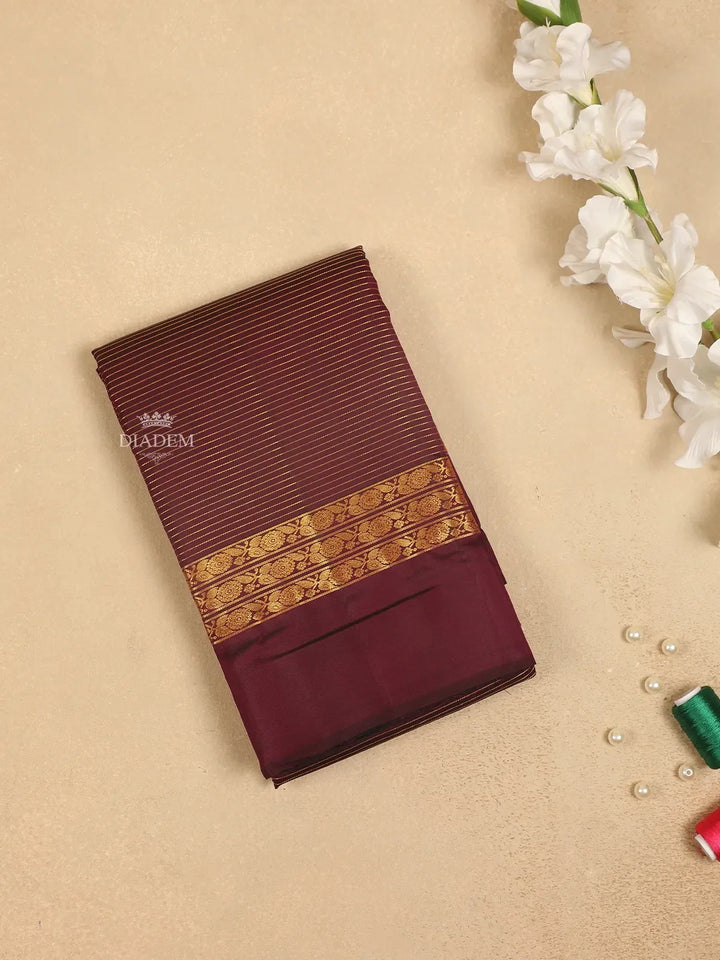 Brown Pure Kanchipuram Silk Saree with Stripes Design on the Body and without Border - Diadem