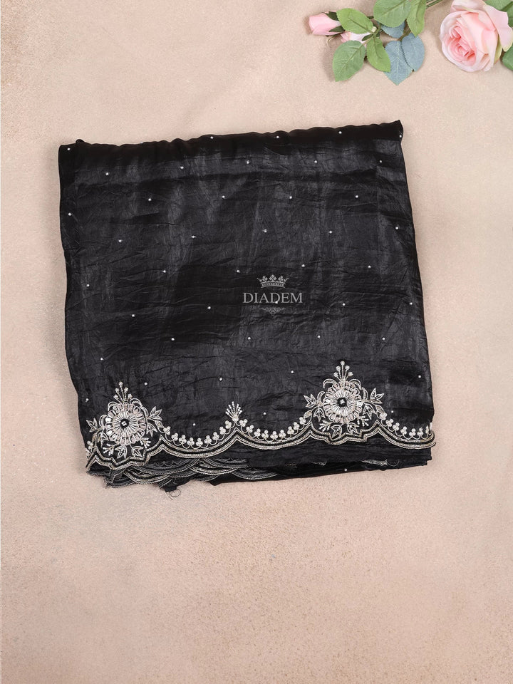 Black Crush Satin Saree with Dotted Designs on the body and Embroidery Border - Diadem