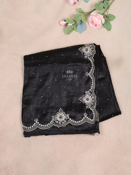 Black Crush Satin Saree with Dotted Designs on the body and Embroidery Border - Diadem