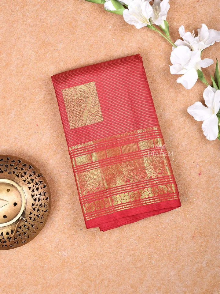 Red Pure Kanchipuram Bridal Silk Saree with Stripes and Rectangle Design on the Body with Zari Border - Diadem