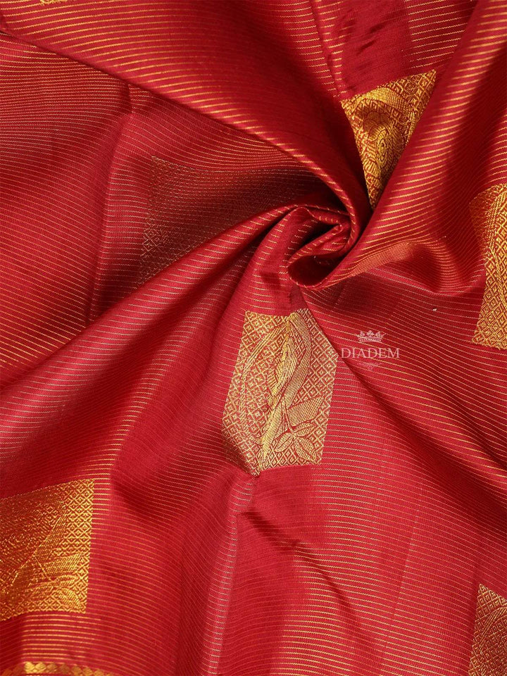 Red Pure Kanchipuram Bridal Silk Saree with Stripes and Rectangle Design on the Body with Zari Border - Diadem