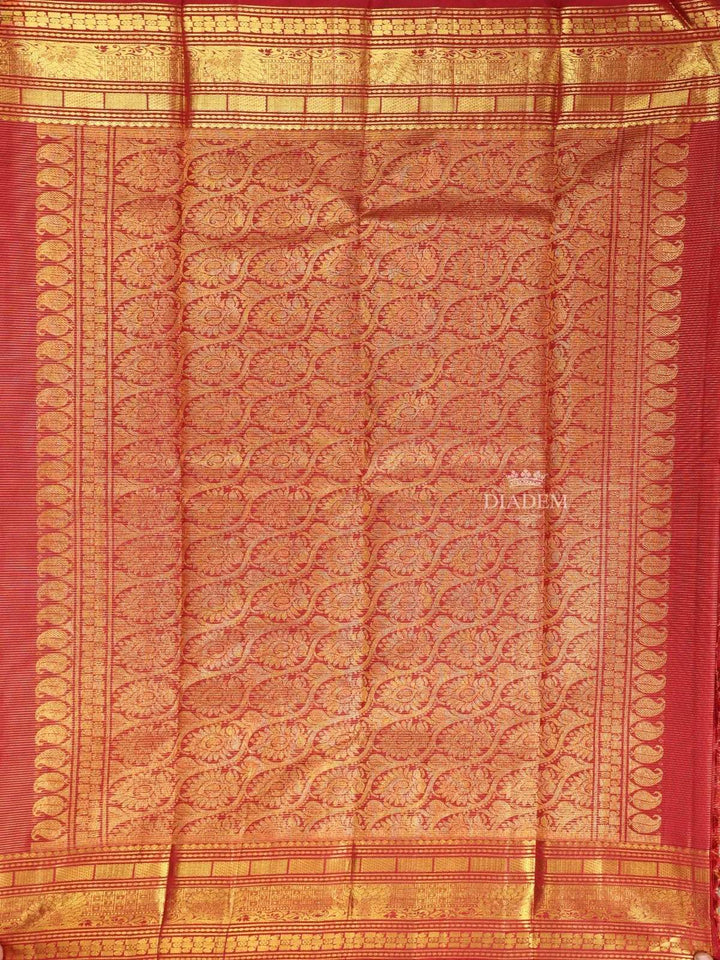 Red Pure Kanchipuram Bridal Silk Saree with Stripes and Rectangle Design on the Body with Zari Border - Diadem