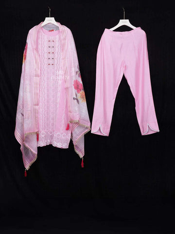 Baby Pink Straight Cut Salwar Suit for Girls Adorned with Sequins and Floral Design with Dupatta - Diadem