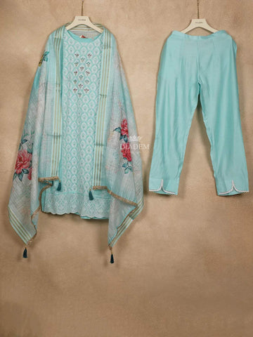 Sky Blue Straight Cut Salwar Suit Adorned with Sequins and Floral Design Paired with Dupatta - Diadem