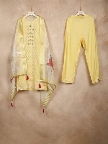 Pastel Yellow Straight Cut Salwar Suit for Women Adorned With Small Flower and Diamond design and With Dupatta - Diadem