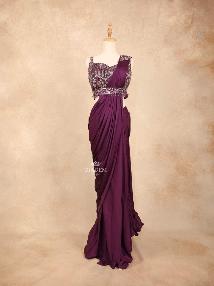 Purple Satin Ready to Wear Saree with Plain Body Paired with Designer Blouse and Waist Belt - Diadem