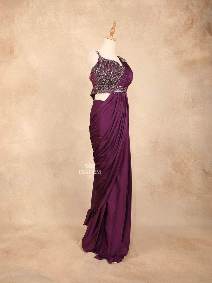 Purple Satin Ready to Wear Saree with Plain Body Paired with Designer Blouse and Waist Belt - Diadem