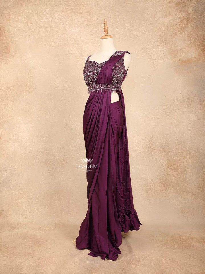 Purple Satin Ready to Wear Saree with Plain Body Paired with Designer Blouse and Waist Belt - Diadem