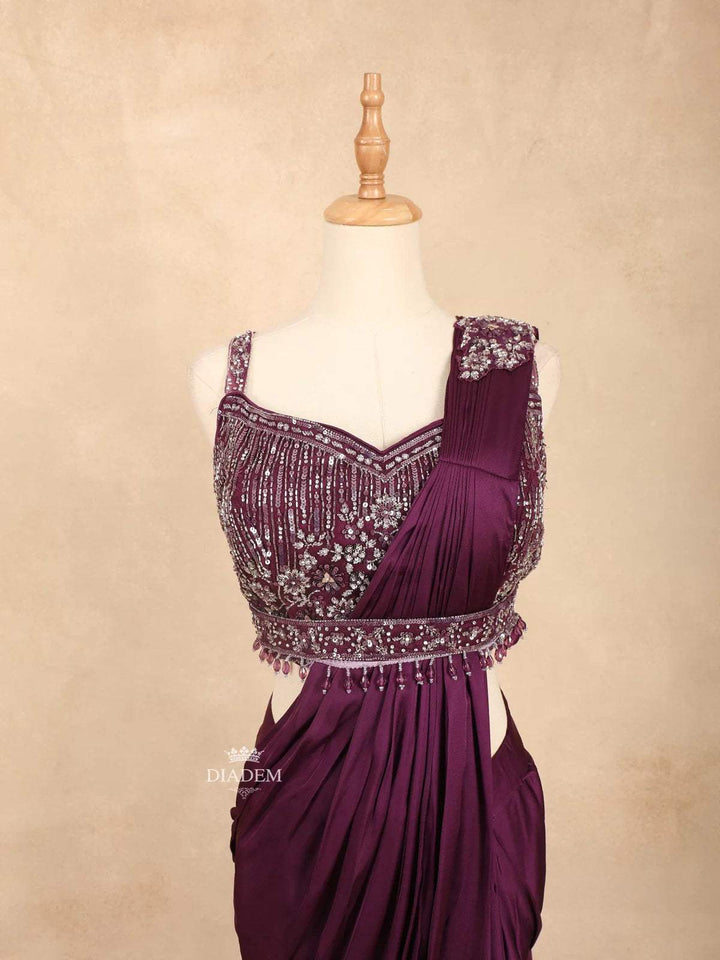 Purple Satin Ready to Wear Saree with Plain Body Paired with Designer Blouse and Waist Belt - Diadem