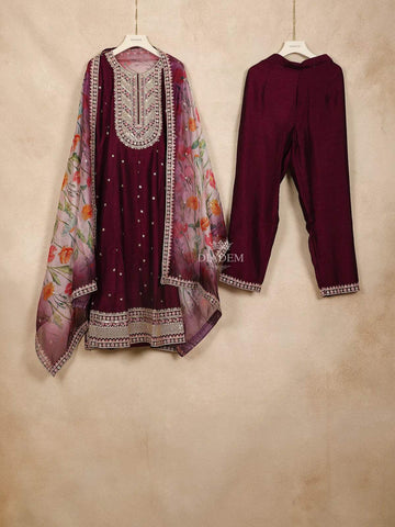 Burgandy Straight Cut Salwar Suit Adorned with Sequins and Floral Design Paired with Dupatta - Diadem