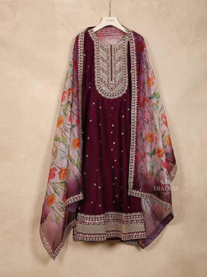 Burgandy Straight Cut Salwar Suit Adorned with Sequins and Floral Design Paired with Dupatta - Diadem