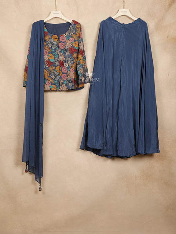 Blue Palazzo Salwar Suit Adorned with Sequins and Floral Design Paired with Dupatta - Diadem