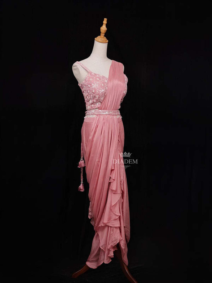 Peach Chiffon Ready to Wear Saree with Plain Body Paired with Designer Blouse and Waist Belt - Diadem