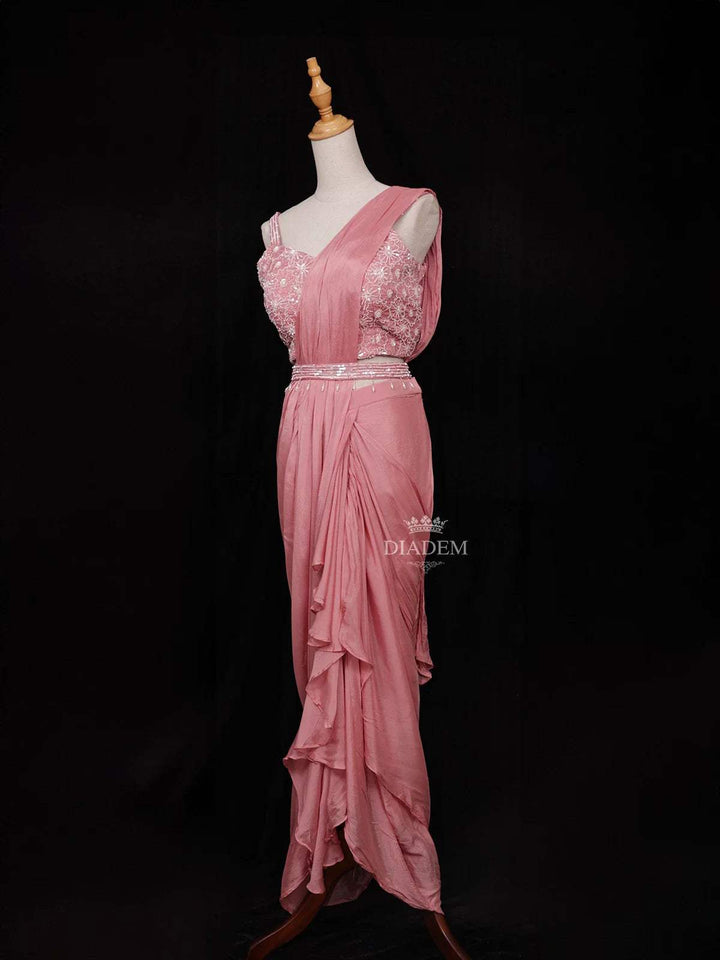 Peach Chiffon Ready to Wear Saree with Plain Body Paired with Designer Blouse and Waist Belt - Diadem