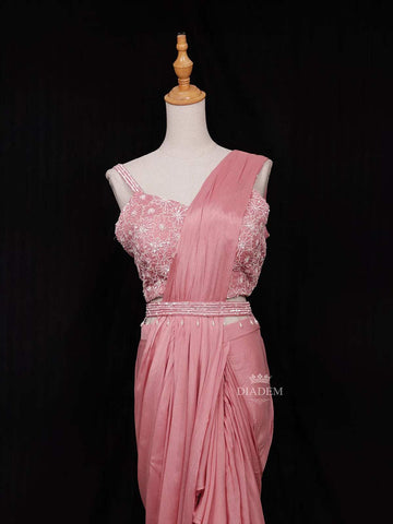 Peach Chiffon Ready to Wear Saree with Plain Body Paired with Designer Blouse and Waist Belt - Diadem