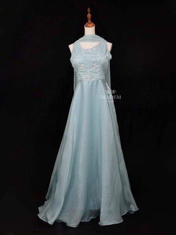 Light Blue Gown with Beads, Mirror Floral Design - Diadem