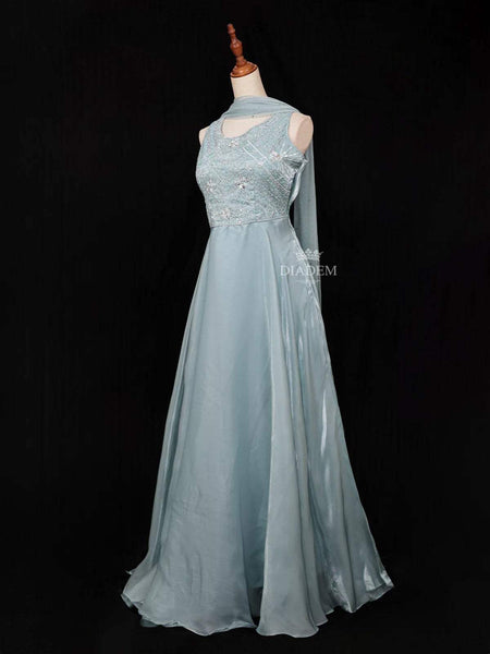 Light Blue Gown with Beads, Mirror Floral Design - Diadem